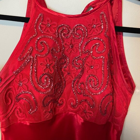 Vintage Morgan & Co. Red Satin Halterneck Gown With Glitter Appliqué Open Back S - Picture 3 of 7